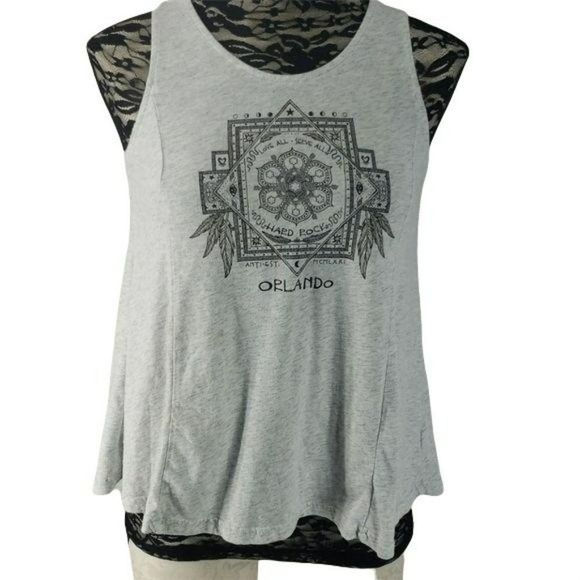 Hard Rock Cafe Orlando Lace Up Back Small‎ Gray boho Tank Top - Picture 1 of 8
